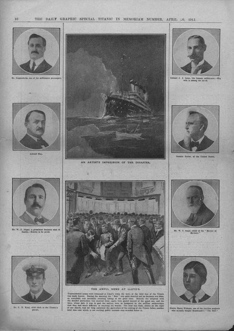 Impressione di un artista del disastro e la terribile notizia a Lloyds, 20 aprile 1912 da Unbekannt