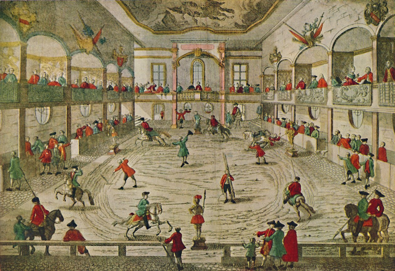 Una scuola di equitazione del XVIII secolo, mostrando la transizione al circo da Unbekannt
