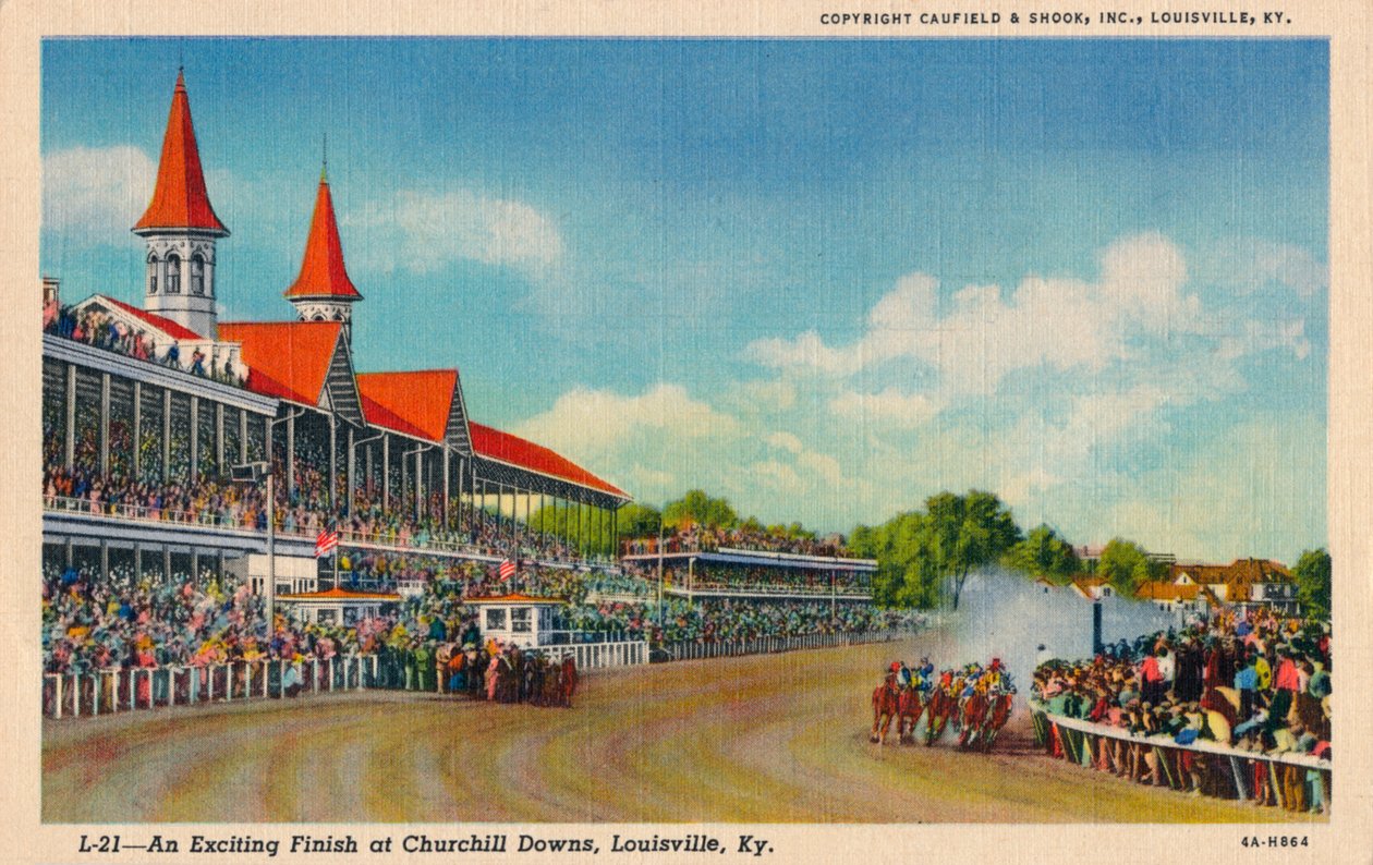Un emozionante arrivo al traguardo a Churchill Downs, Louisville, Ky, c. 1940 da Unbekannt