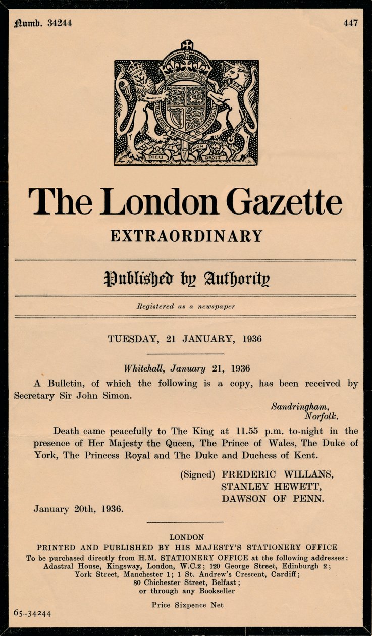 Un bollettino straordinario della London Gazette che annuncia la morte di Re Giorgio V 1865-1936 da Unbekannt