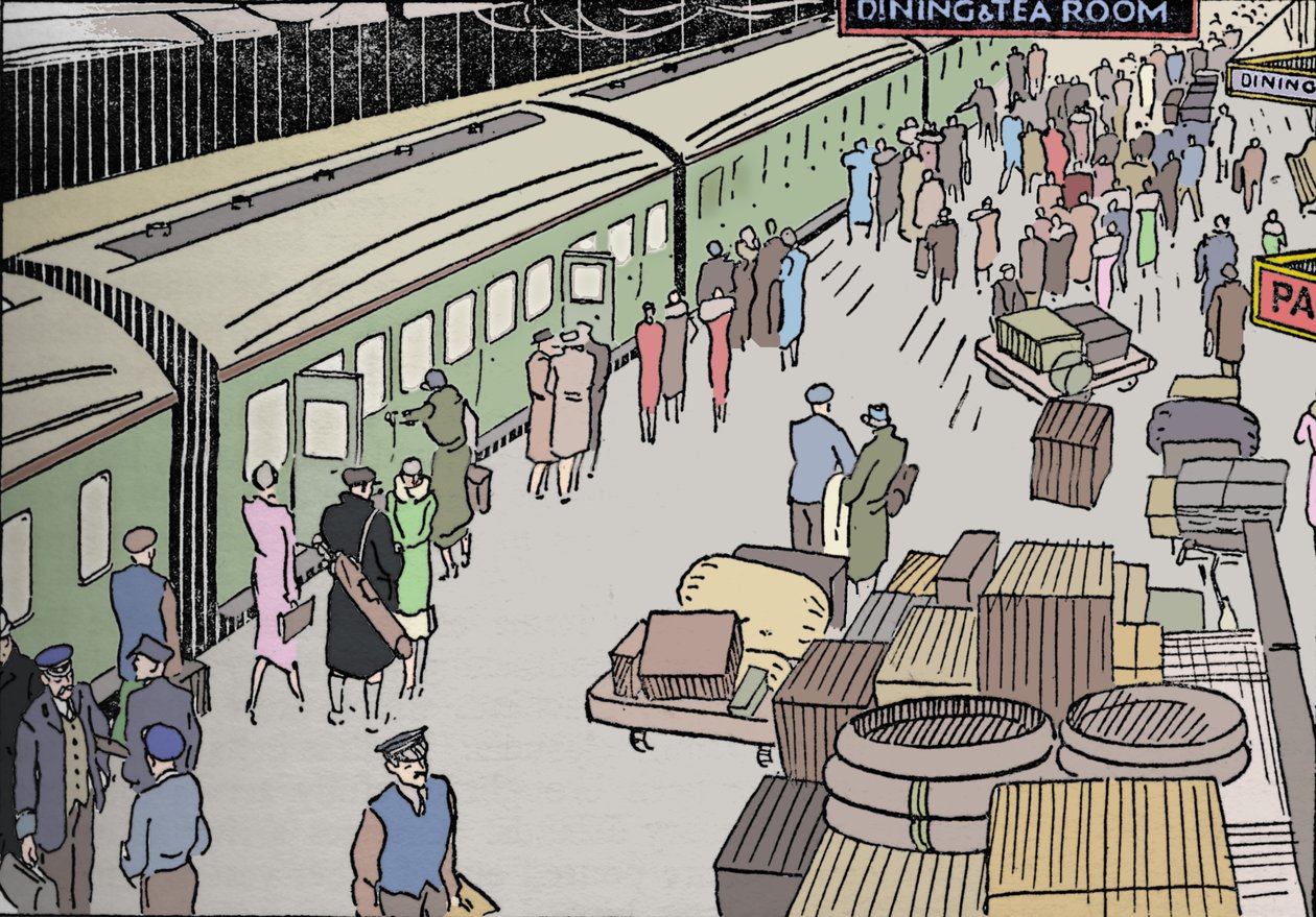Illustrazione di una stazione ferroviaria degli anni 