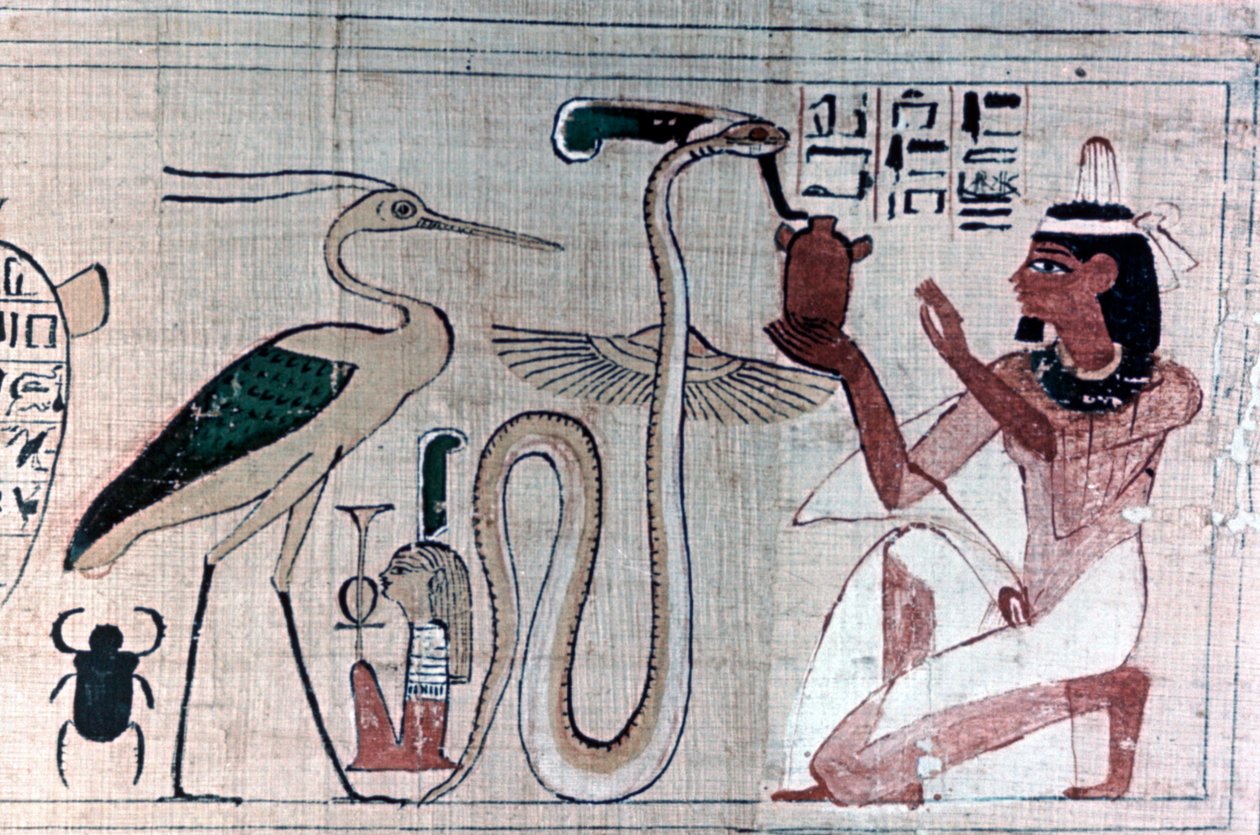 Papiro egizio antico della morte inginocchiato davanti a un serpente da Unbekannt