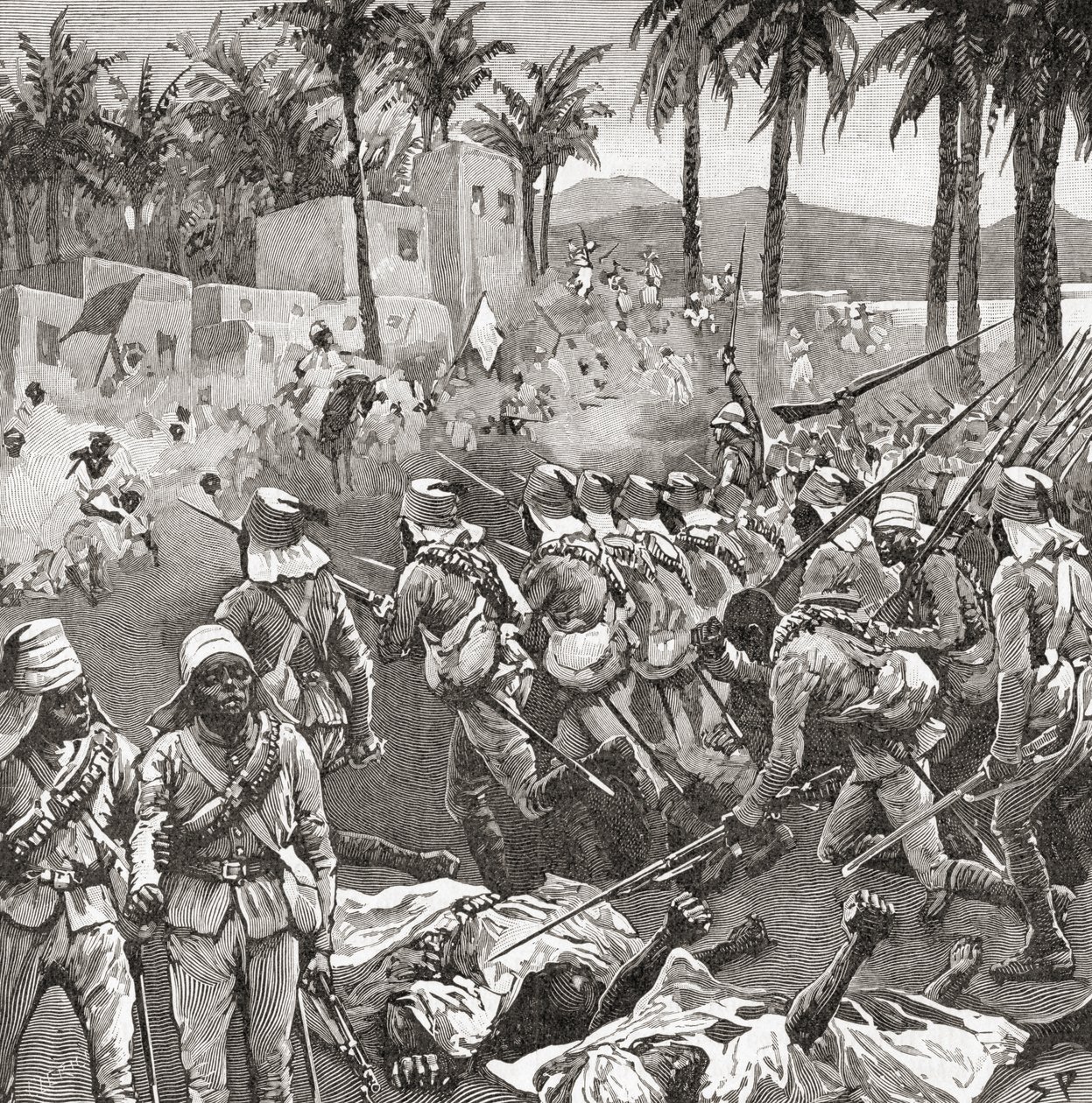 Truppe anglo-egiziane assaltano il villaggio di Ferkeh nella battaglia di Ferkeh o Firket, 7 giugno 1896, durante la guerra mahdista da Unbekannt