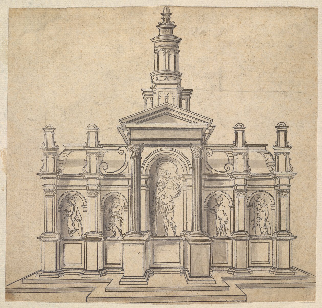 Tabernacolo a forma architettonica con un santo e quattro putti da Unbekannt