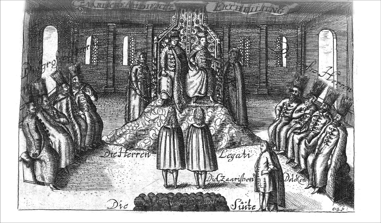 Udienza con Ivan V, Pietro I e Sofia Alekseyevna da Georg Adam Schleissing Derer beyden Czaaren in Reussland..., 1693 da Unbekannt