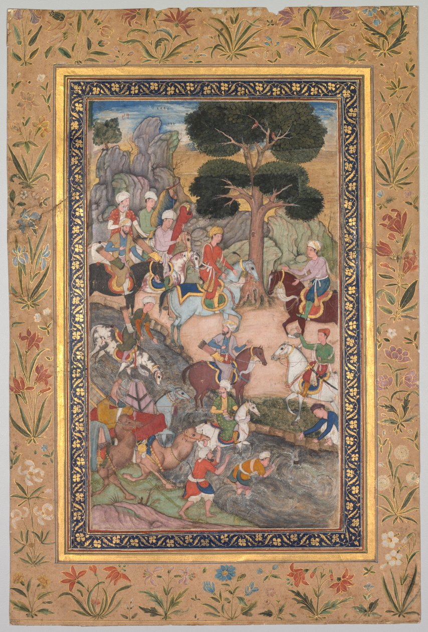 Babur incontra il sultano Ali Mirza al fiume Kohik, dal Babur-nama Memorie di Babur, c. 159 da Unbekannt