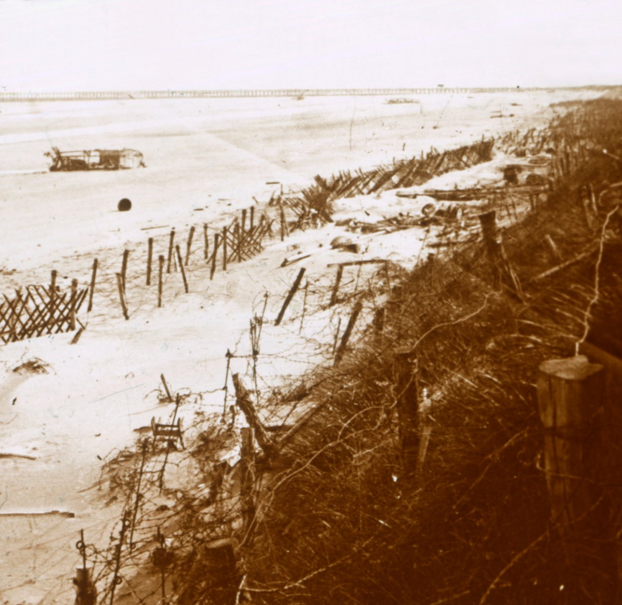 Barriere di filo spinato sulla spiaggia, Nieuwpoort-Bad, Fiandre, Belgio, c1914-c1918 da Unbekannt