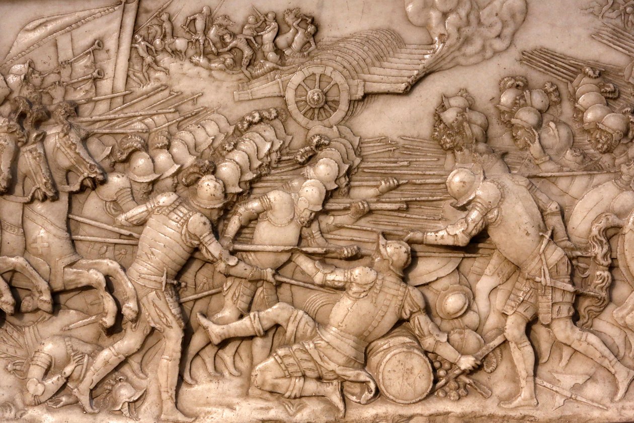 Basilica di San Denis, Tomba di Francesco I re di Francia e Claudia di Francia, bassorilievo della Fondazione, Rappresentazione della battaglia di Marignano nel 1515 - i francesi e la loro artiglieria contro la Vecchia Confederazione Svizzera, Saint-Denis, da Unbekannt