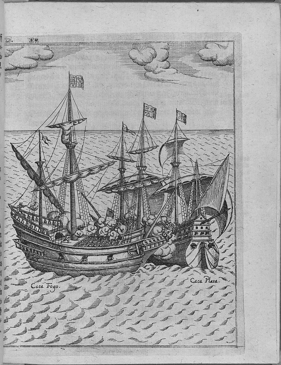 Battaglia tra la nave di Francis Drake Golden Hind e la nave spagnola Cacafuego. Da Levinus Hulsius da Unbekannt