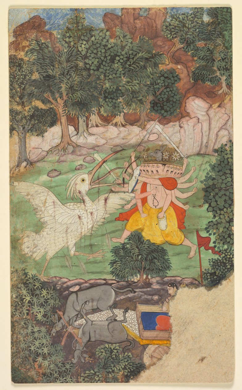 Battaglia di Ravana e Jatayu, dal capitolo 49 del libro Aranya-kanda della Foresta, c. da Unbekannt