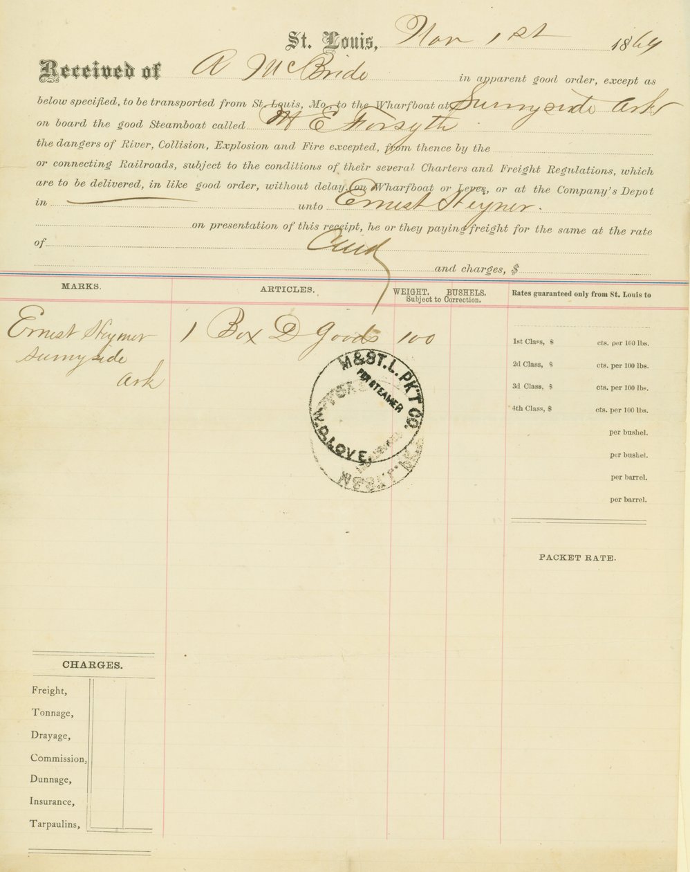 Polizza di carico, piroscafo M[ary] E. Forsyth, Sunnyside, Arkansas, 1 novembre 1864 da Unbekannt