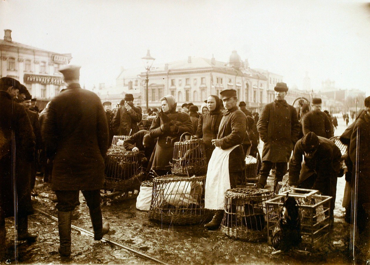 Mercato degli uccelli, Piazza Trubnaya, Mosca, Russia, 1908 da Unbekannt