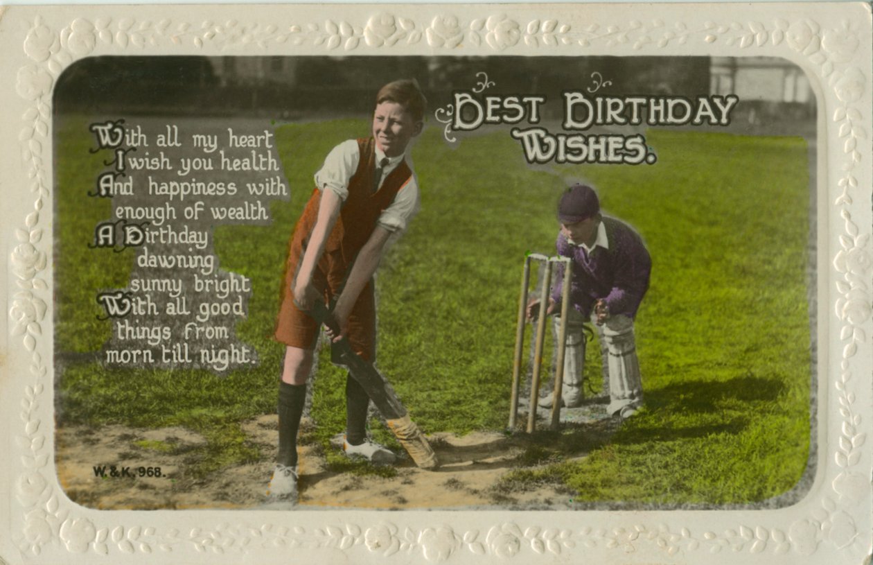 Biglietto di auguri con due ragazzi che giocano a cricket da Unbekannt