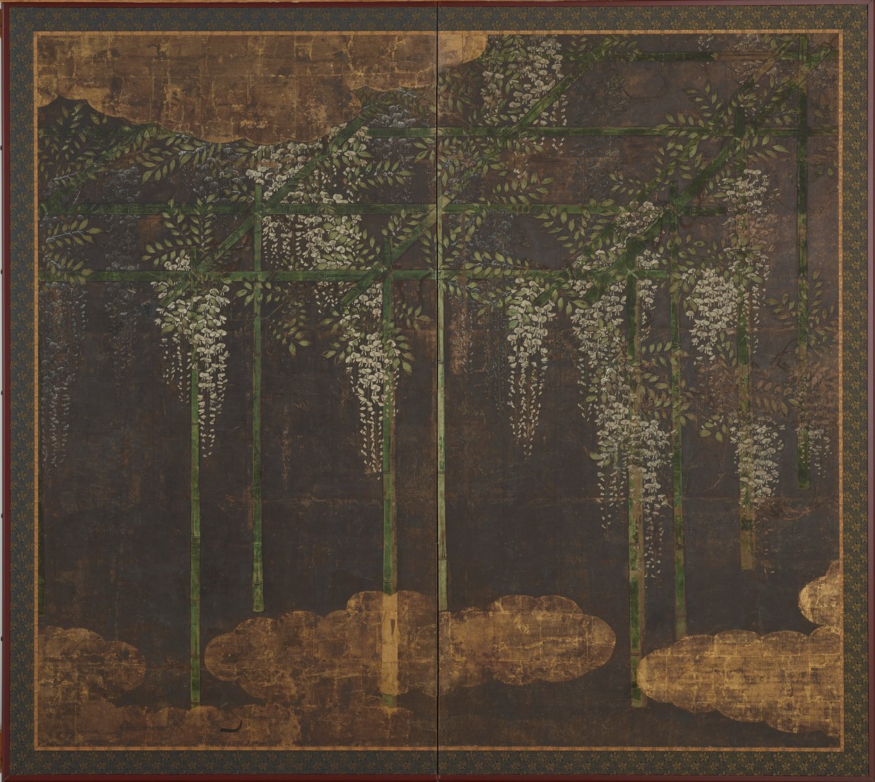 Glicine in fiore su un pergolato di bambù, periodo Momoyama, XVI-XVII secolo da Unbekannt