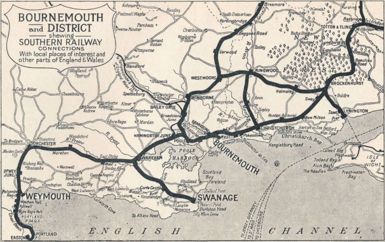 Bournemouth e distretto, mostrando i collegamenti della Southern Railway, 1929 da Unbekannt