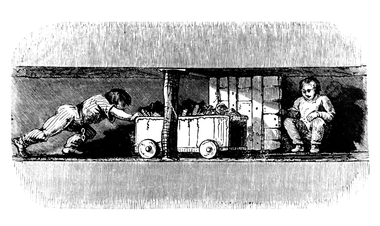 Ragazzo che spinge un carrello carico di carbone dalla faccia del carbone al fondo del pozzo, c1848 da Unbekannt
