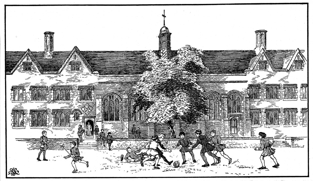 Ragazzi in epoca Tudor che giocano a calcio alla Berkhamsted Grammar School, Hertfordshire da Unbekannt