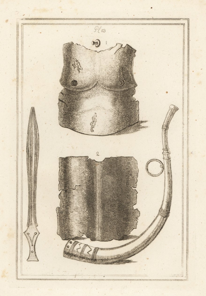 Pettorale e schienale di antica corazza romana 1,2, lituo romano o tromba militare 3 e antica spada di ottone 4 da Unbekannt