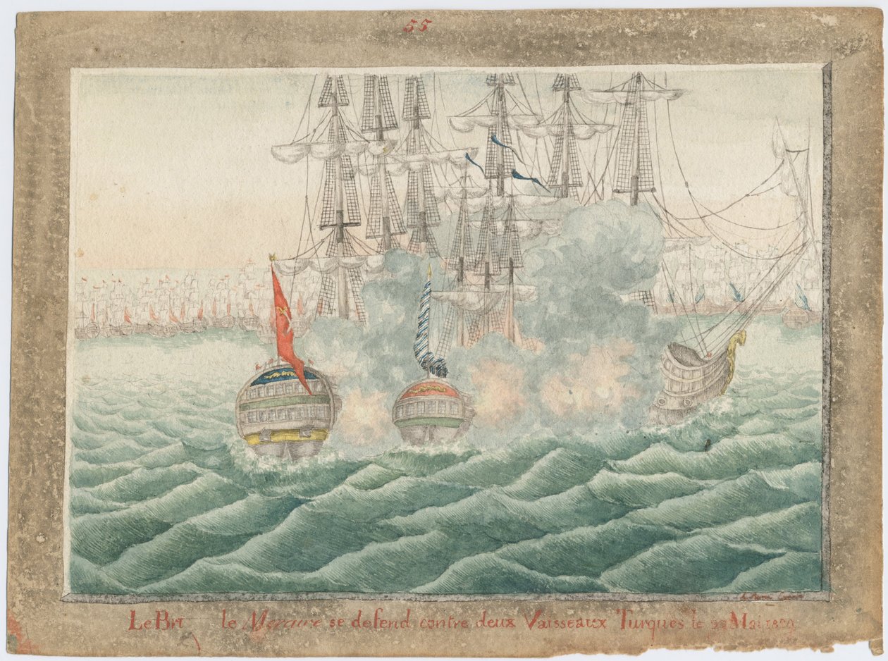 Il brigantino Mercury combatte due navi turche il 14 maggio 1829, 1829 da Unbekannt