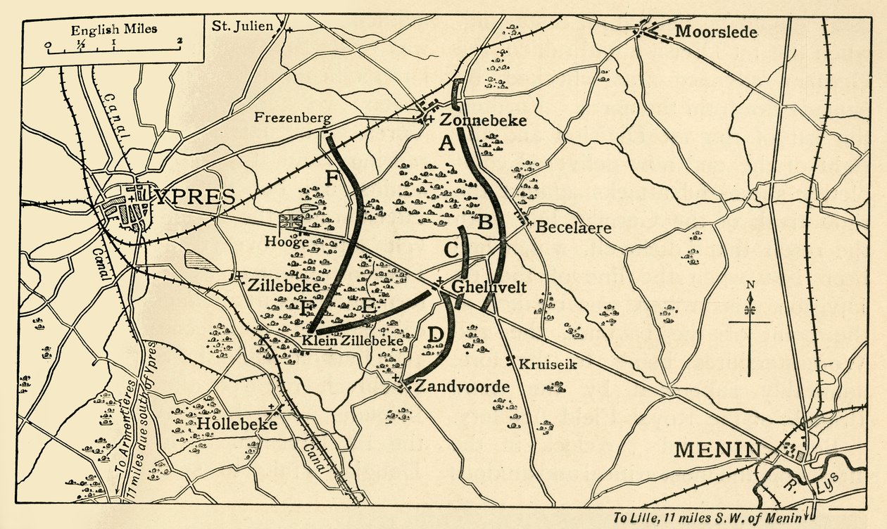 Posizioni britanniche prima della Prima Battaglia di Ypres, Prima Guerra Mondiale, 1914, c1920 da Unbekannt