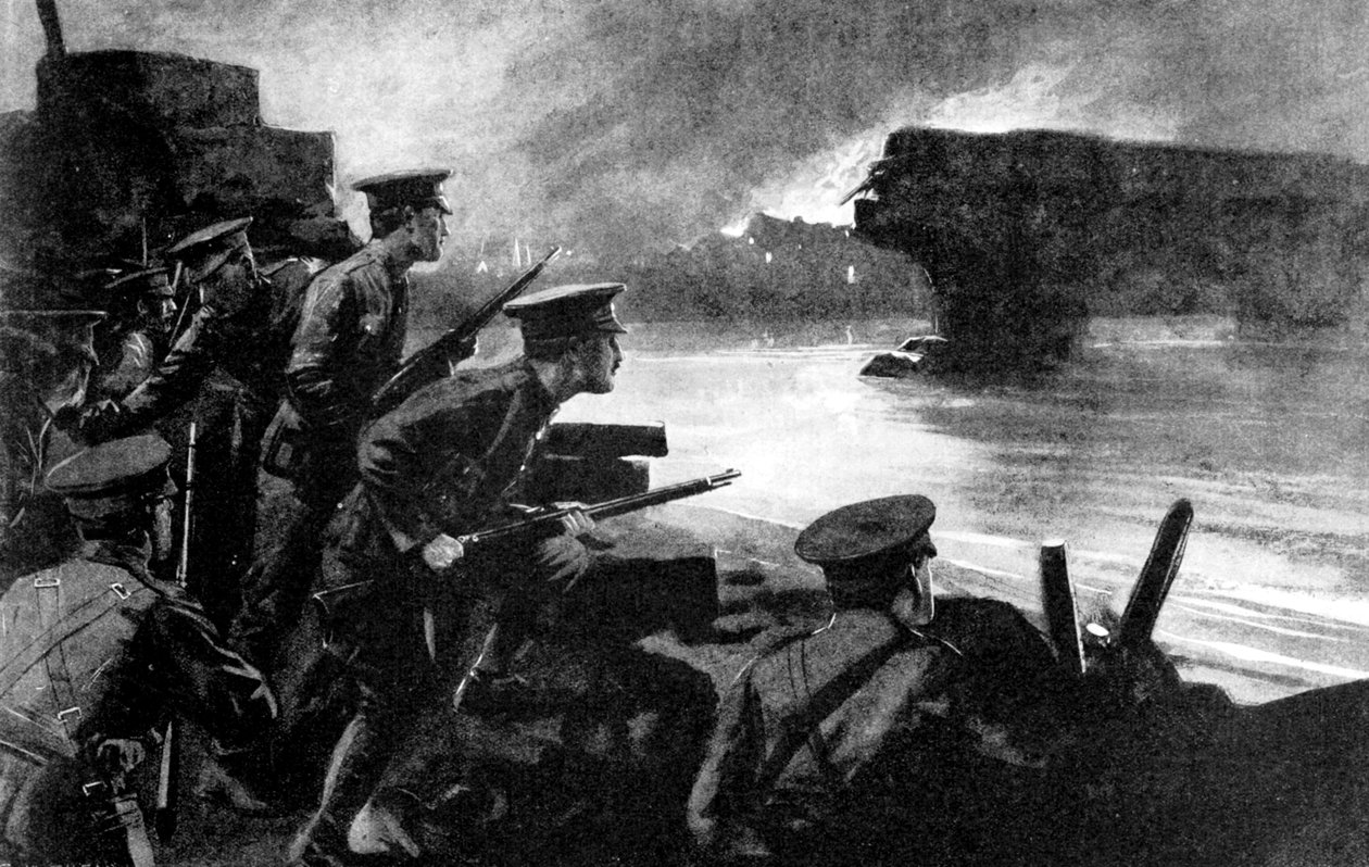 Truppe britanniche sulla riva del fiume preparate per l
