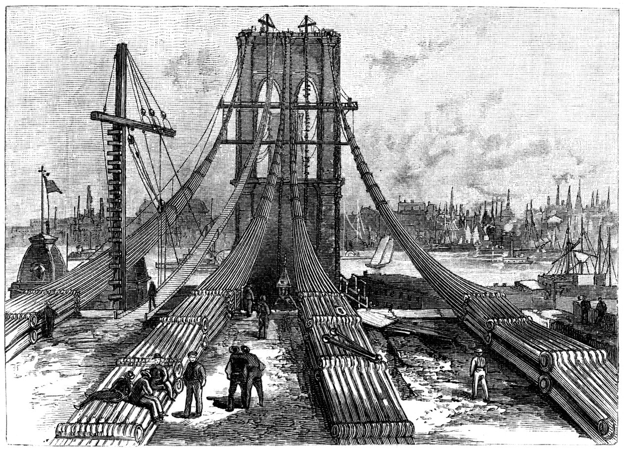 Ponte sospeso di Brooklyn, New York, USA: ancoraggio dei cavi sulla riva di Brooklyn, 1883 da Unbekannt