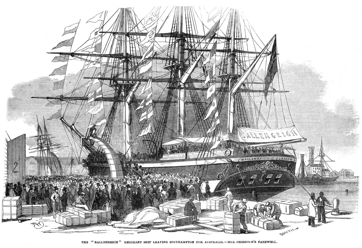 Caroline Chisholm che parla a una folla dalla nave emigrante Ballengeich, 1852 da Unbekannt