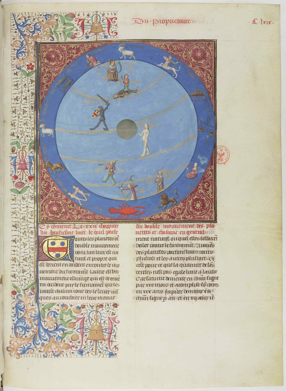Sfere celesti, pianeti e zodiaci. Miniatura dal Livre des proprietés des choses, c. 1480 da Unbekannt