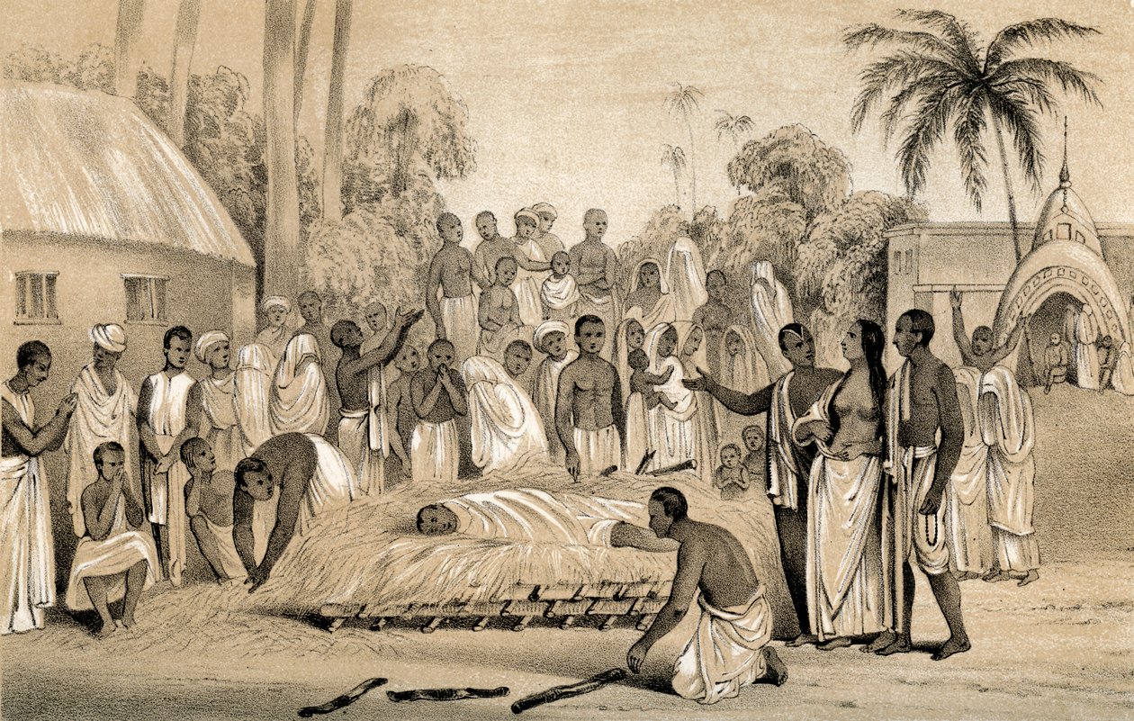 Cerimonia di cremazione di una vedova indù con il corpo del suo defunto marito, 1847 da Unbekannt