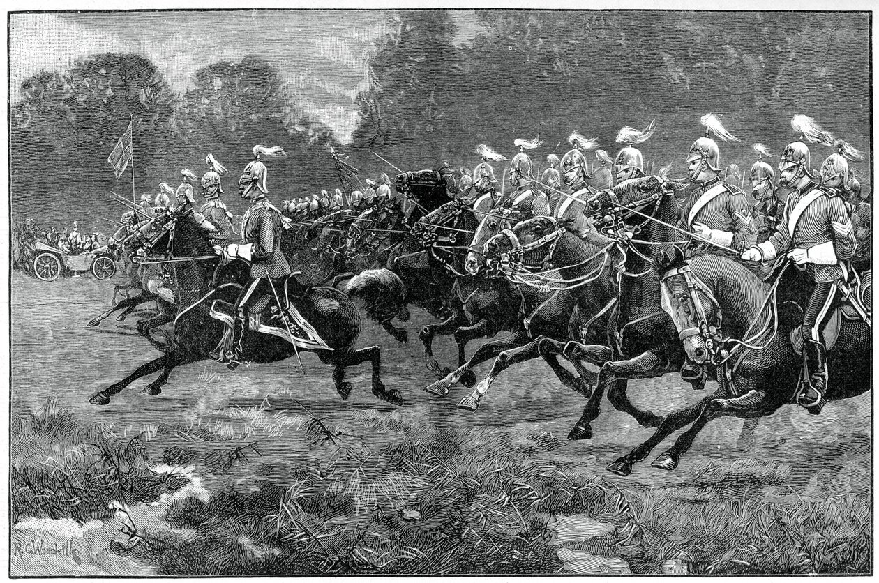 Carica delle Guardie Dragoni 5° e 7°, parata nel Windsor Park, 1900 da Unbekannt