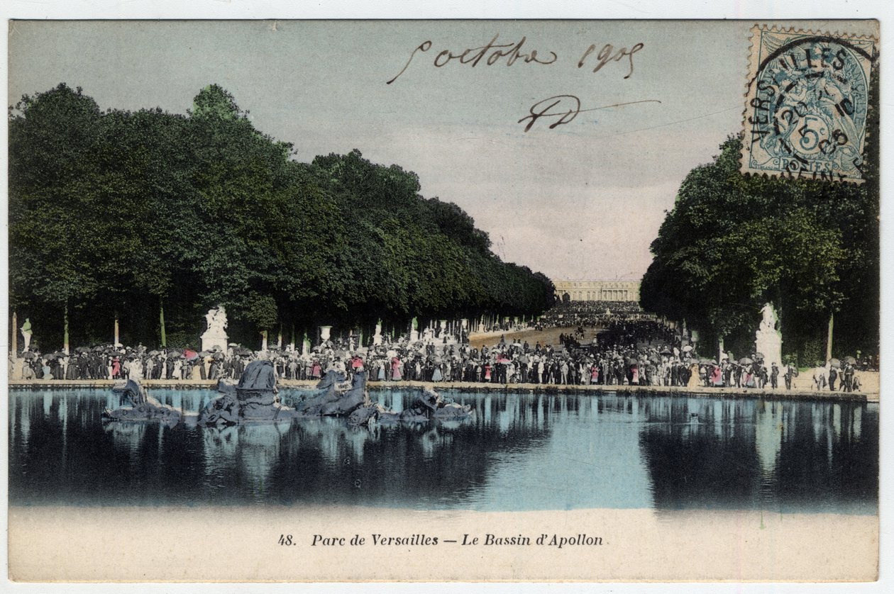Castello di Versailles: visitatori davanti alla vasca di Apollo nel parco - Cartolina datata 1905 da Unbekannt