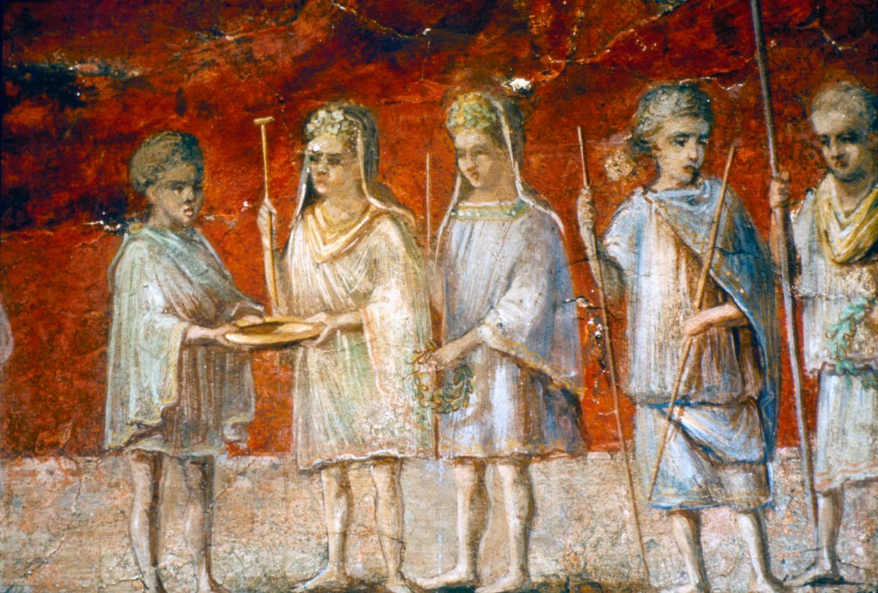 Bambini in processione religiosa, affresco romano da Ostia, c2º-3º secolo da Unbekannt