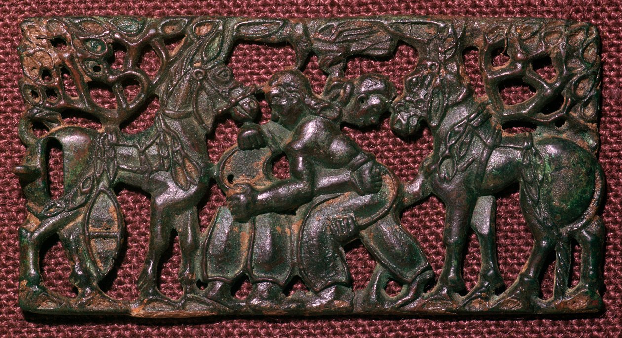 Placca di bronzo cinese di uomini che lottano, V secolo a.C. da Unbekannt
