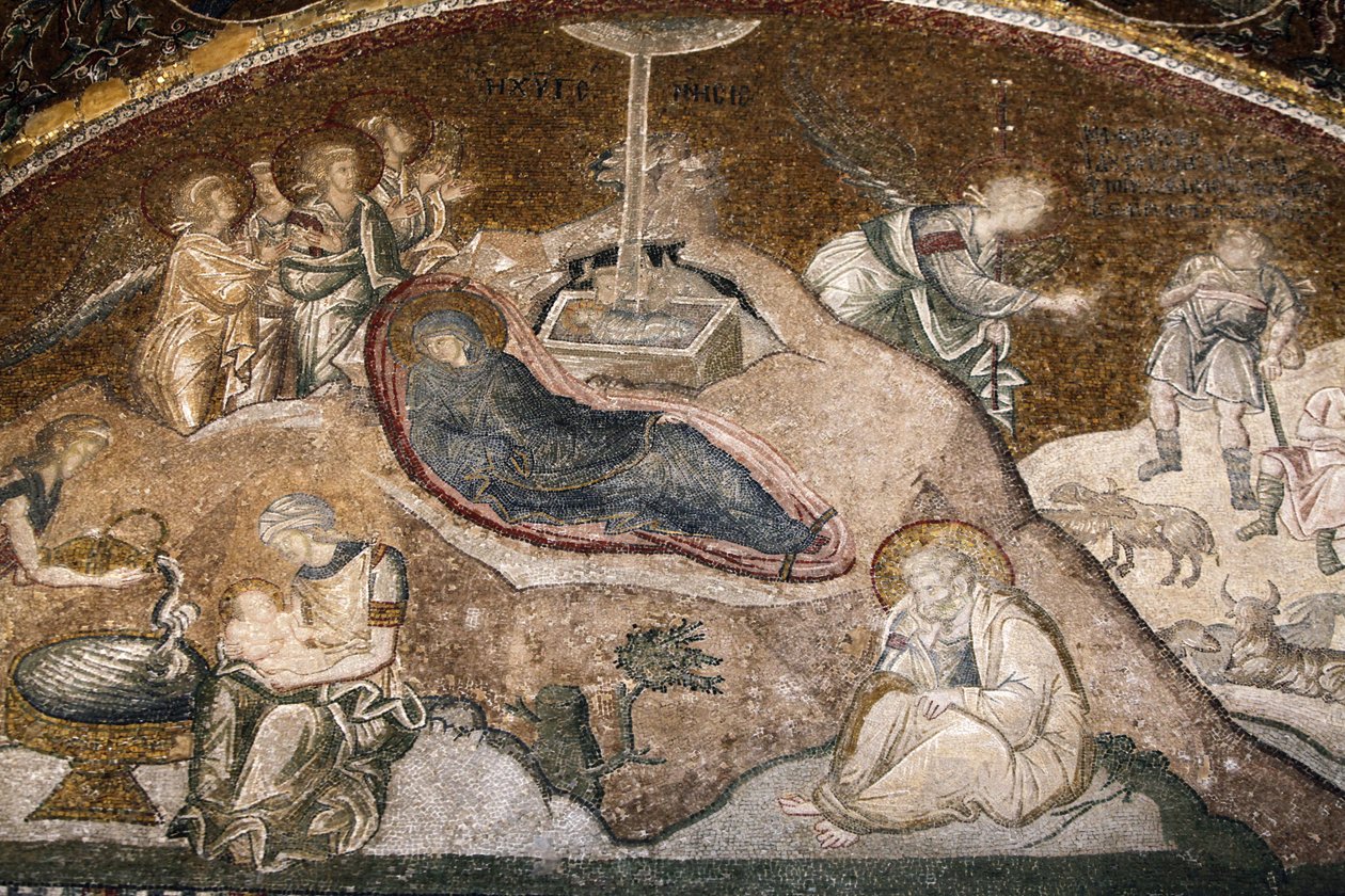 Mosaico della nascita di Gesù nel museo della chiesa di Chora (Maria riposa dopo il parto, Giuseppe seduto), Istanbul, Turchia da Unbekannt