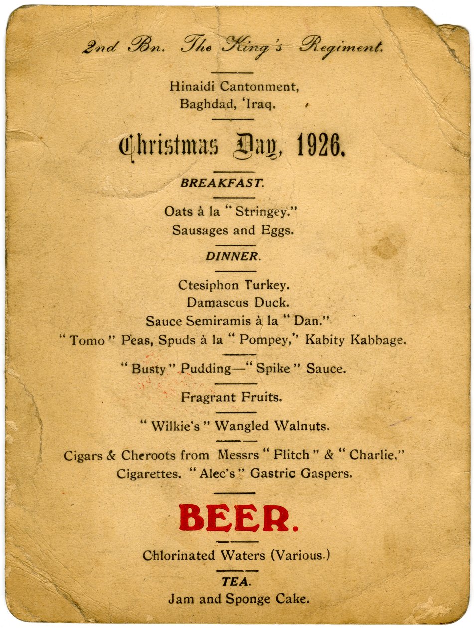 Menù del giorno di Natale, 2° Battaglione del Reggimento dei Re, Iraq, 1926 da Unbekannt