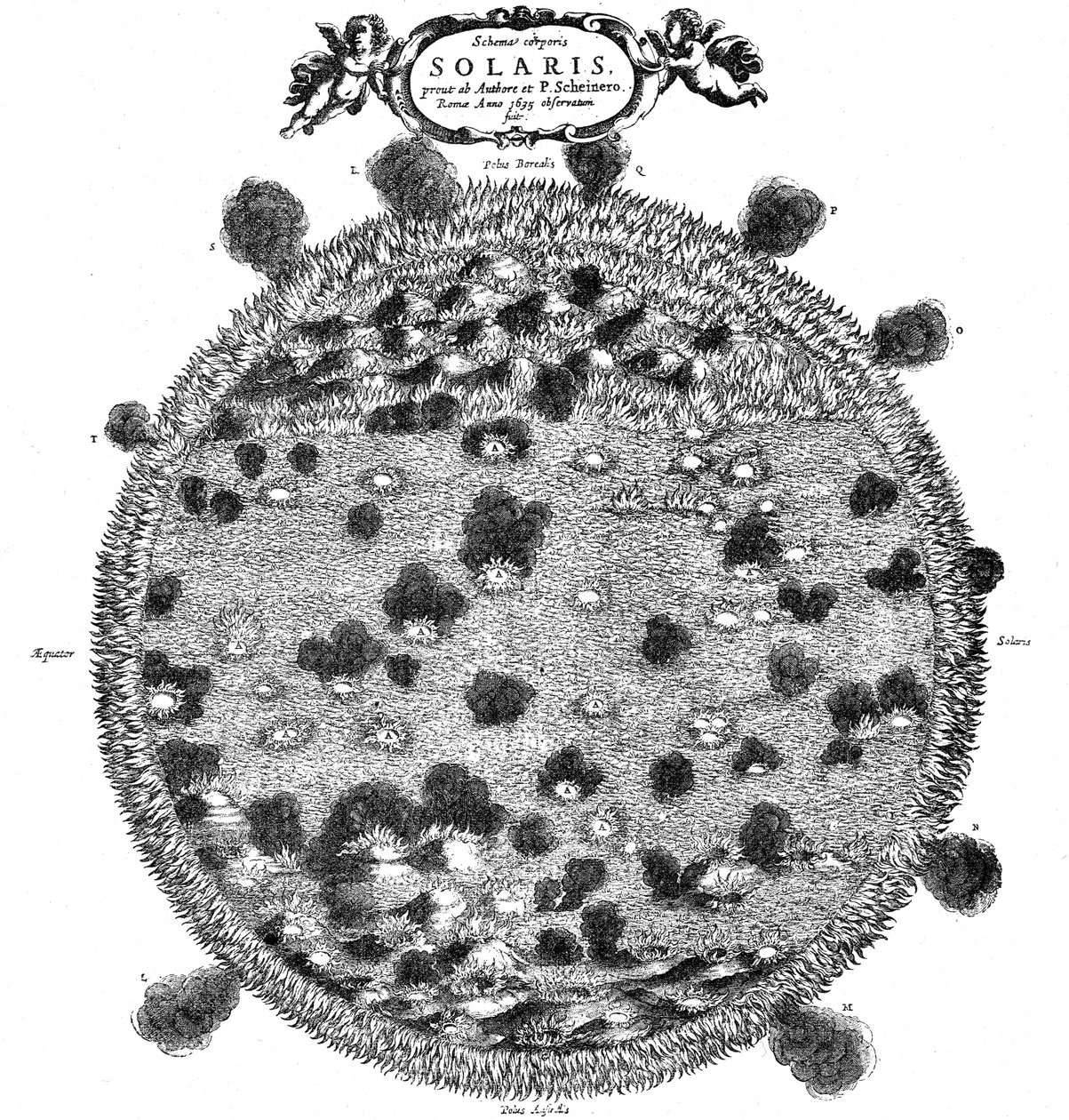 Illustrazione di Christopher Scheiner della sua idea della superficie del sole, 1635 da Unbekannt