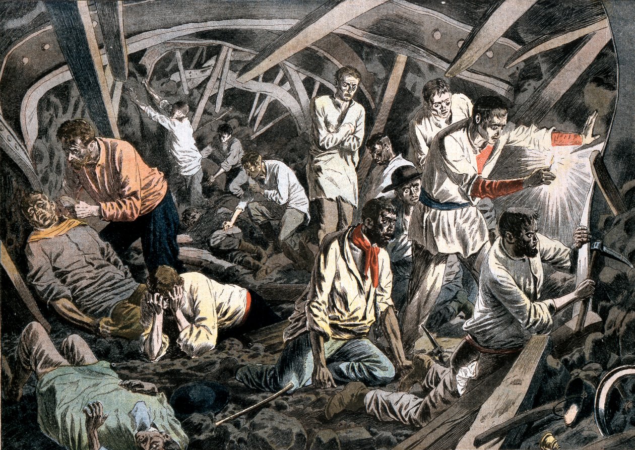 Minatori intrappolati sottoterra da una caduta del tetto, miniere di Courrieres, Pas-de-Calais, Francia, 1906 da Unbekannt