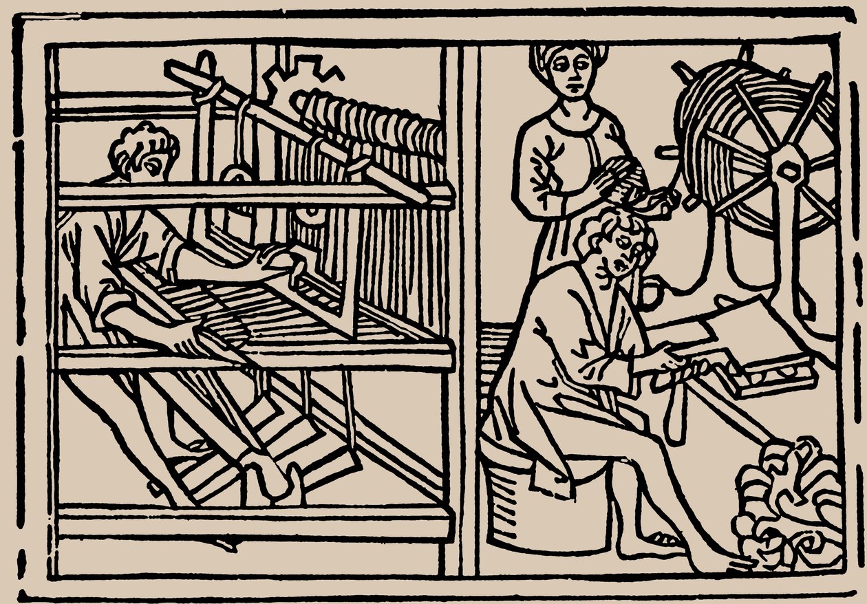 Pettinatura, filatura e tessitura della lana. Da Speculum Vitae Humanae di Rodericus Zamorensis, 1479 da Unbekannt