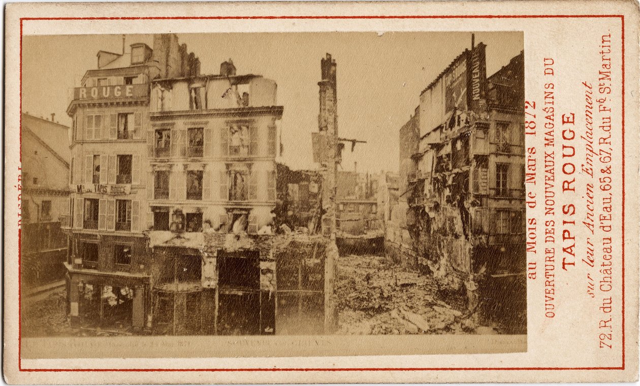 Comune di Parigi (1871): apertura dei grandi magazzini del Tappeto Rosso, una carta pubblicitaria che mostra l