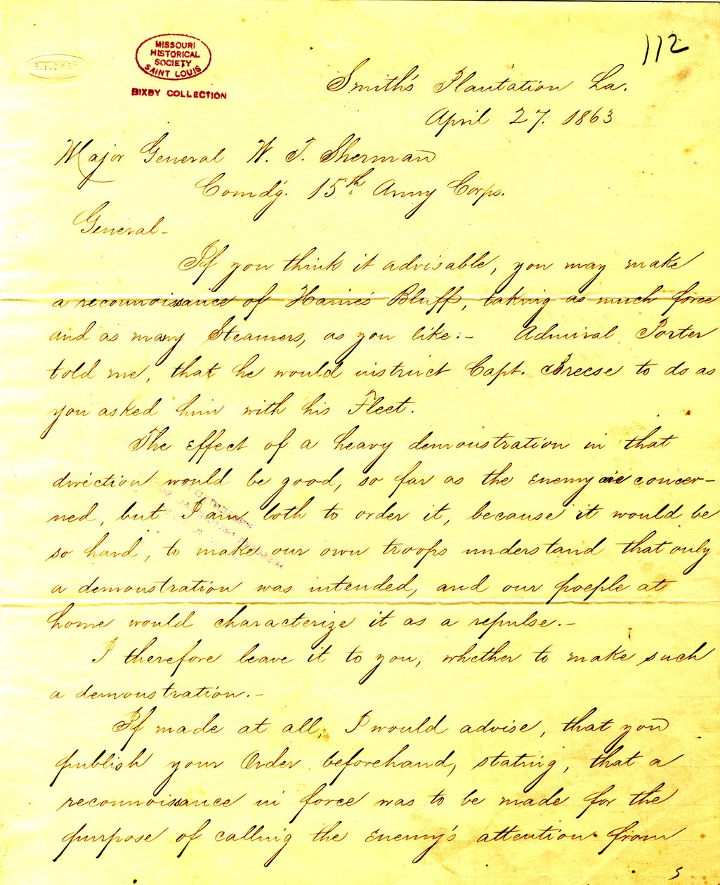 Copia contemporanea della lettera di U. S. Grant, Smith