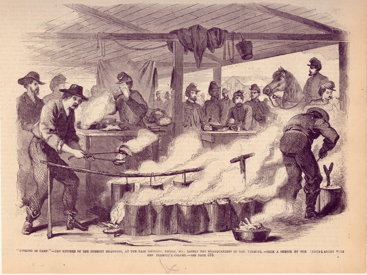 Cucinare in campo. - La cucina dei Fremont Dragoons, ai terreni della fiera, Tipton, MO., recentemente quartier generale del Gen. Fremont da Unbekannt