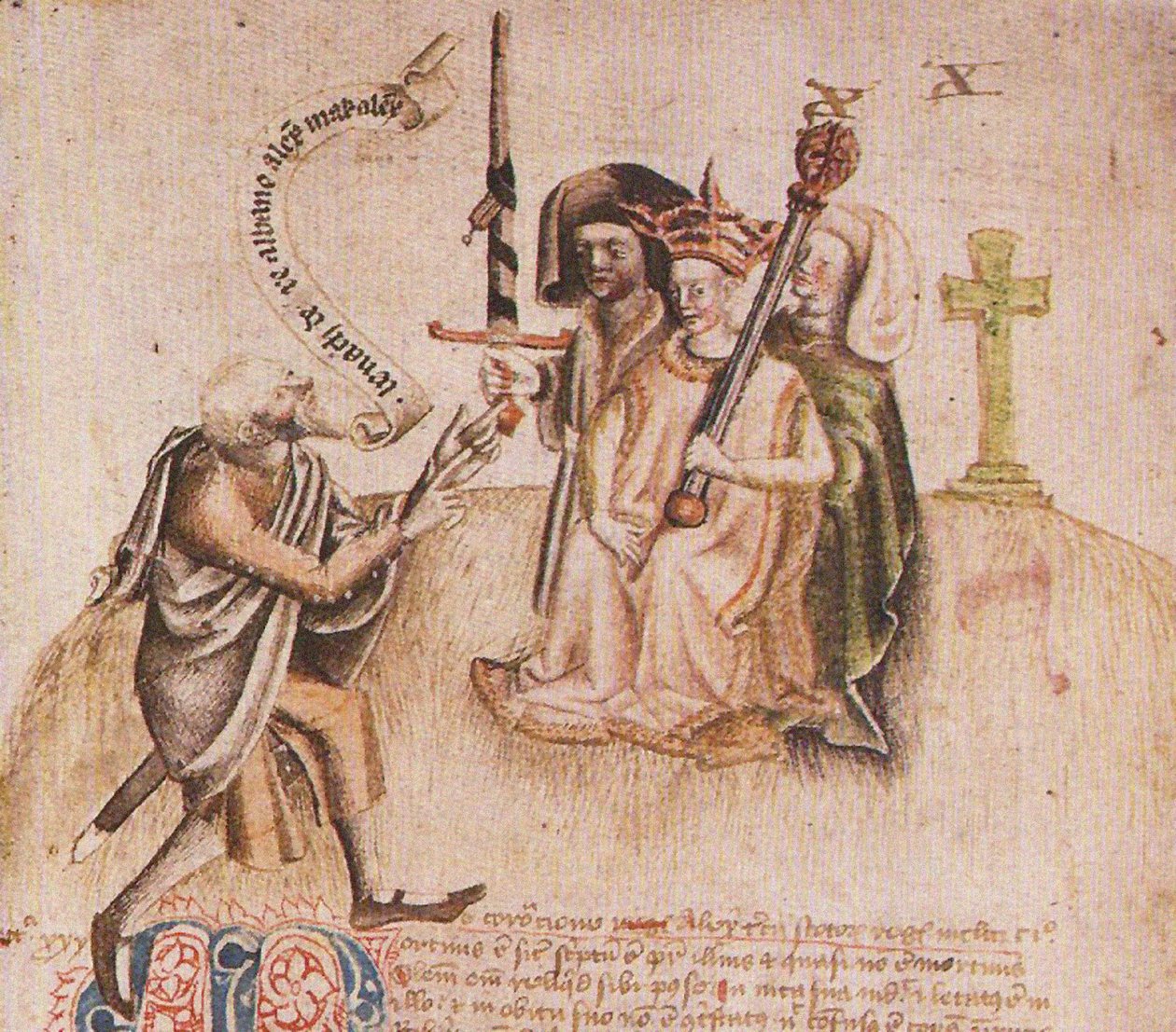 Incoronazione di Re Alessandro III a Moot Hill, Scone. Dal manoscritto dello Scotichronicon di Walte da Unbekannt