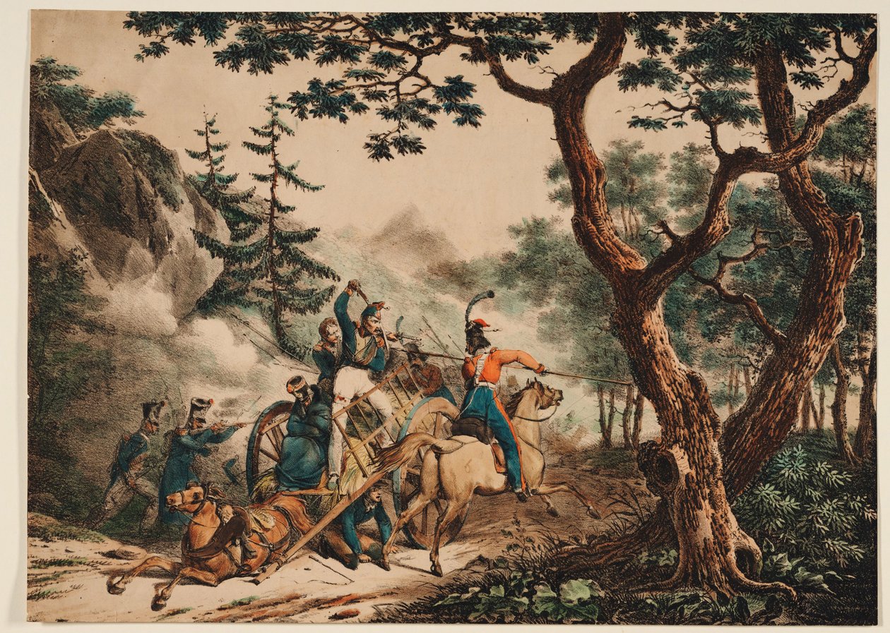 Cosacchi che attaccano soldati francesi in una foresta, 1825 da Unbekannt