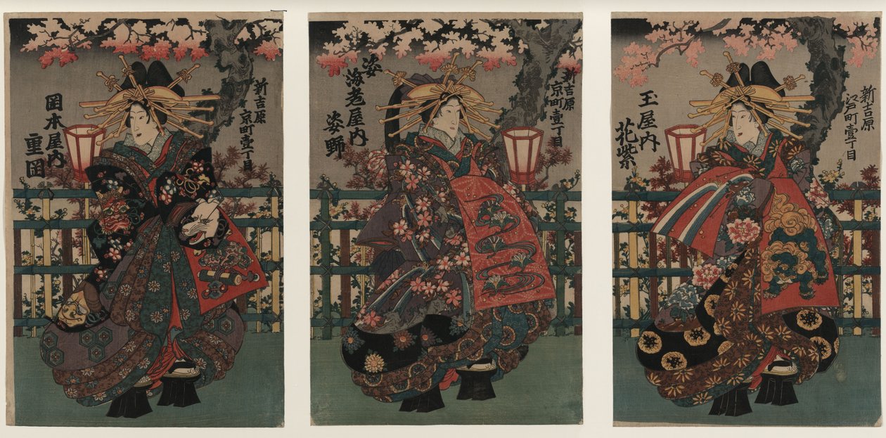 Cortigiane Shigeoka, Sugatano e Hanamurasaki. Trittico. Dalla serie Le bellezze di Yoshiw da Unbekannt