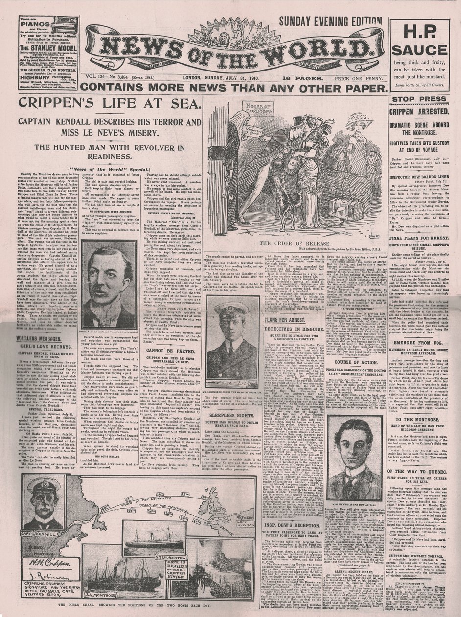 La vita di Crippen in mare, prima pagina del News of the World, 31 luglio 1910 da Unbekannt