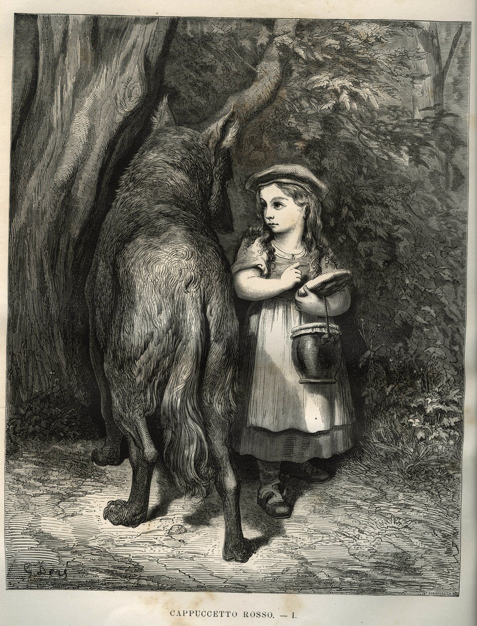 Attraversando il bosco, Cappuccetto Rosso incontra il lupo. Incisione di Gustave Dore (1832-1883) da 