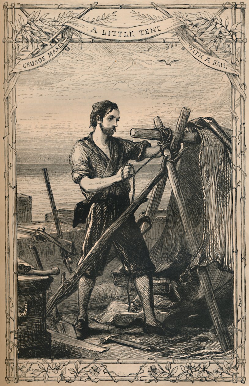 Crusoe fa una piccola tenda con una vela, c. 1870 da Unbekannt