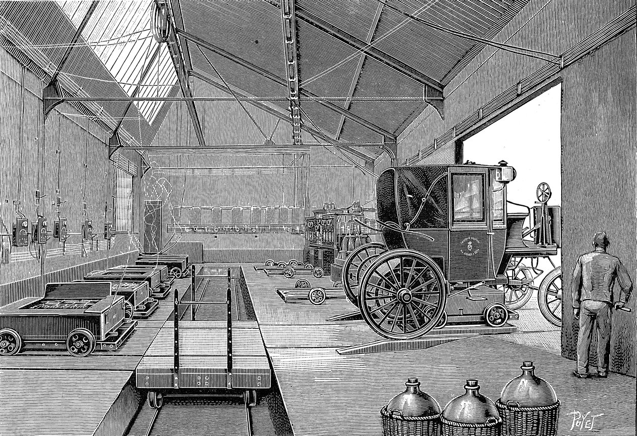 Deposito dove i taxi elettrici di Parigi venivano dotati di batterie appena caricate, 1899 da Unbekannt