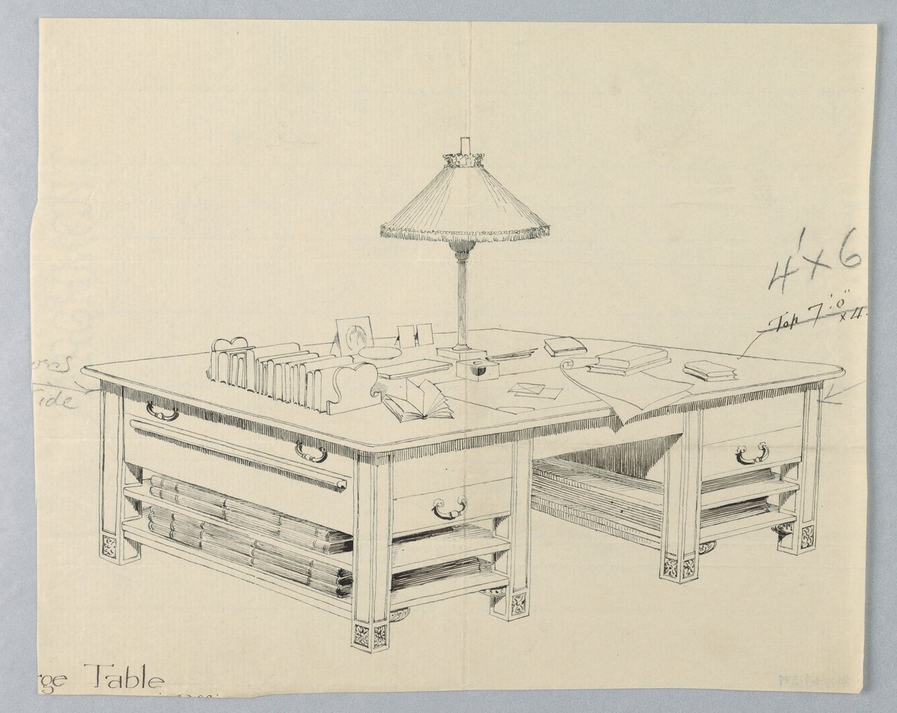 Design per massiccio tavolo da biblioteca con due mensole aperte su entrambi i lati, 1900–05 da Unbekannt