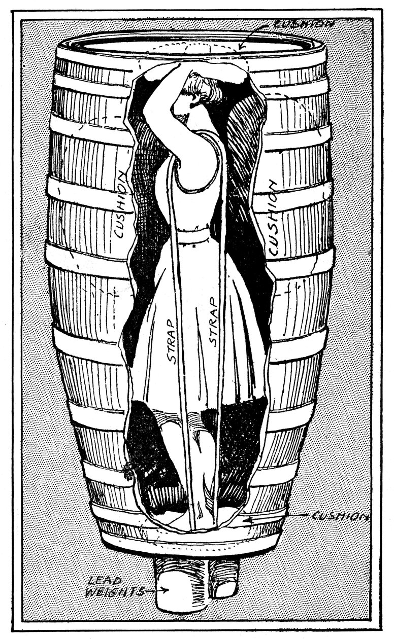 Diagramma di Mrs Anne Edson Taylor nel barile con cui si è tuffata nelle Cascate del Niagara, 1901 da Unbekannt